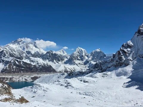 Everest mountain panorama from Gokyo Ri with snowy peaks and blue lake.