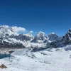 Everest mountain panorama from Gokyo Ri with snowy peaks and blue lake.